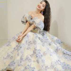 Floral Jacquard Off-Shoulder Evening Gown | Puff Sleeve A-Line Formal Dress